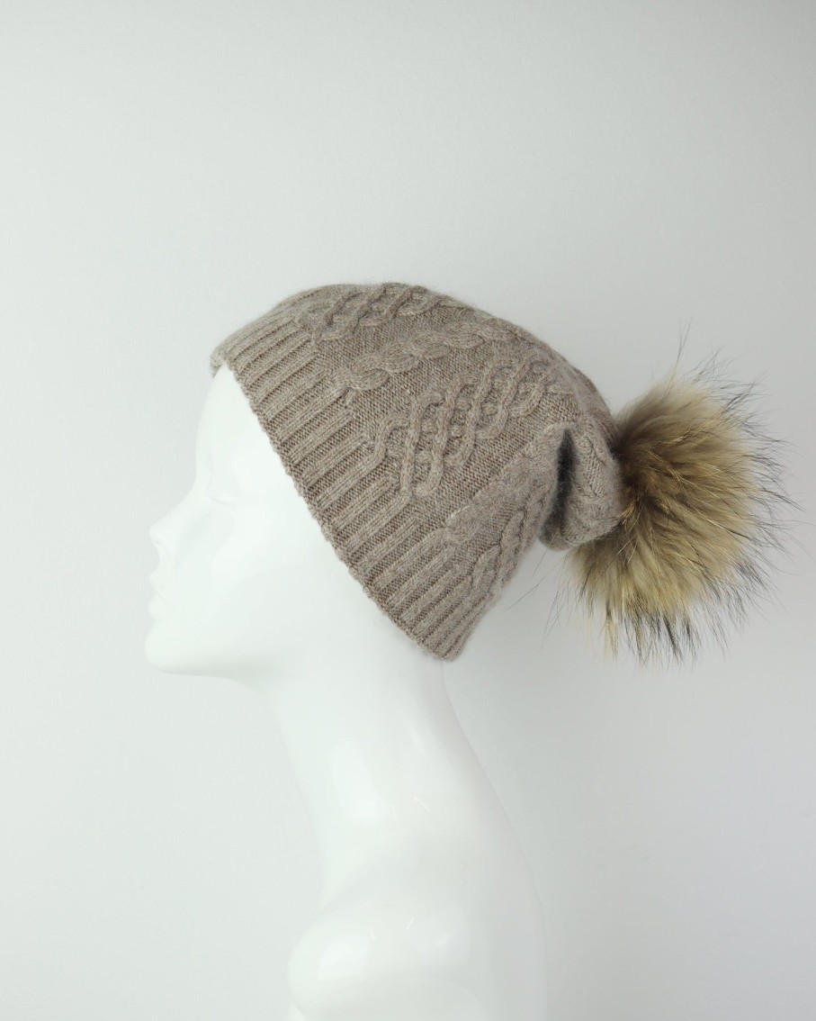 Women 227 Hats, Gloves & Scarves | Dark Beige Cable Knit Pom Pom Hat