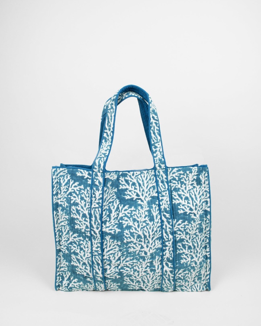 Women Ayras World Totes | Coral Limoges Blue Block Printed Cotton Quilted Tote Bag