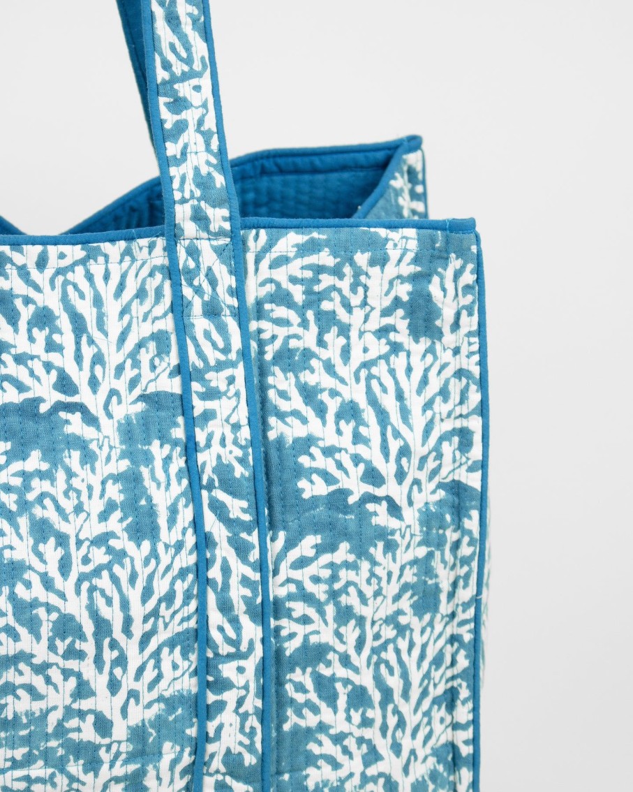 Women Ayras World Totes | Coral Limoges Blue Block Printed Cotton Quilted Tote Bag