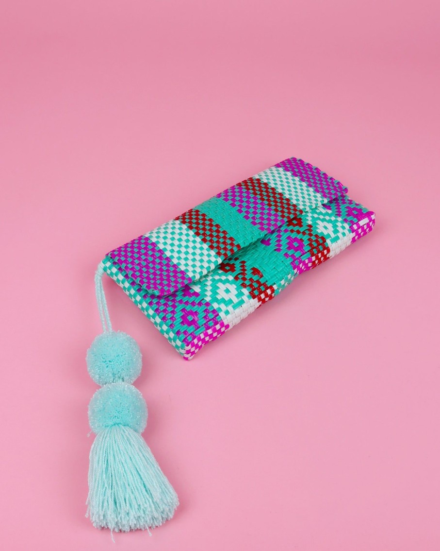 Women BLAIZ Mexico Clutches | Turquoise, White & Pink Pom Pom Clutch