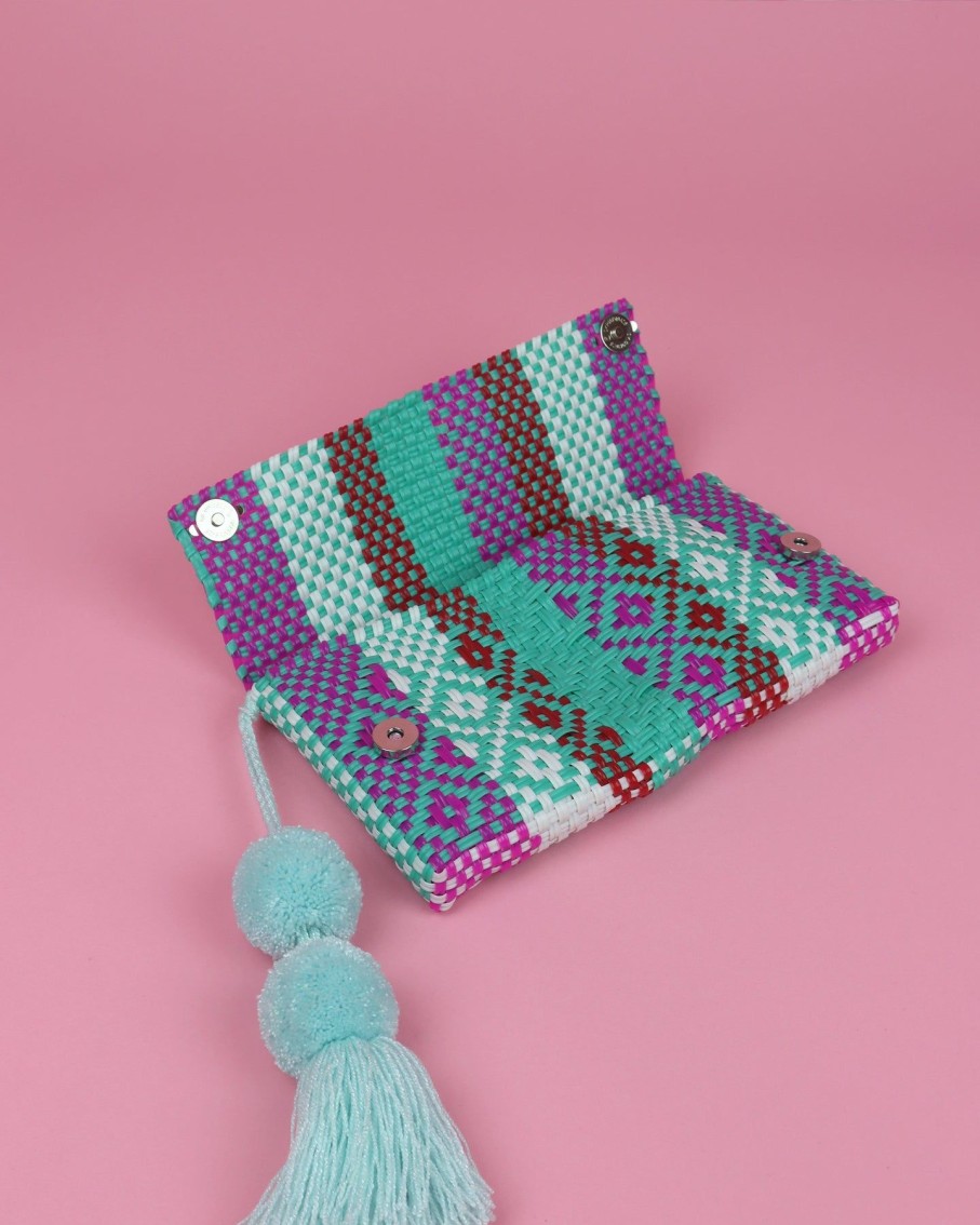 Women BLAIZ Mexico Clutches | Turquoise, White & Pink Pom Pom Clutch