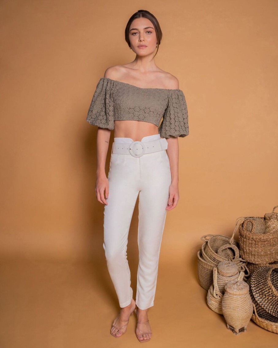 Women Ostra Brasil Shirts & Blouses | Off-The-Shoulders Greige Crop Top