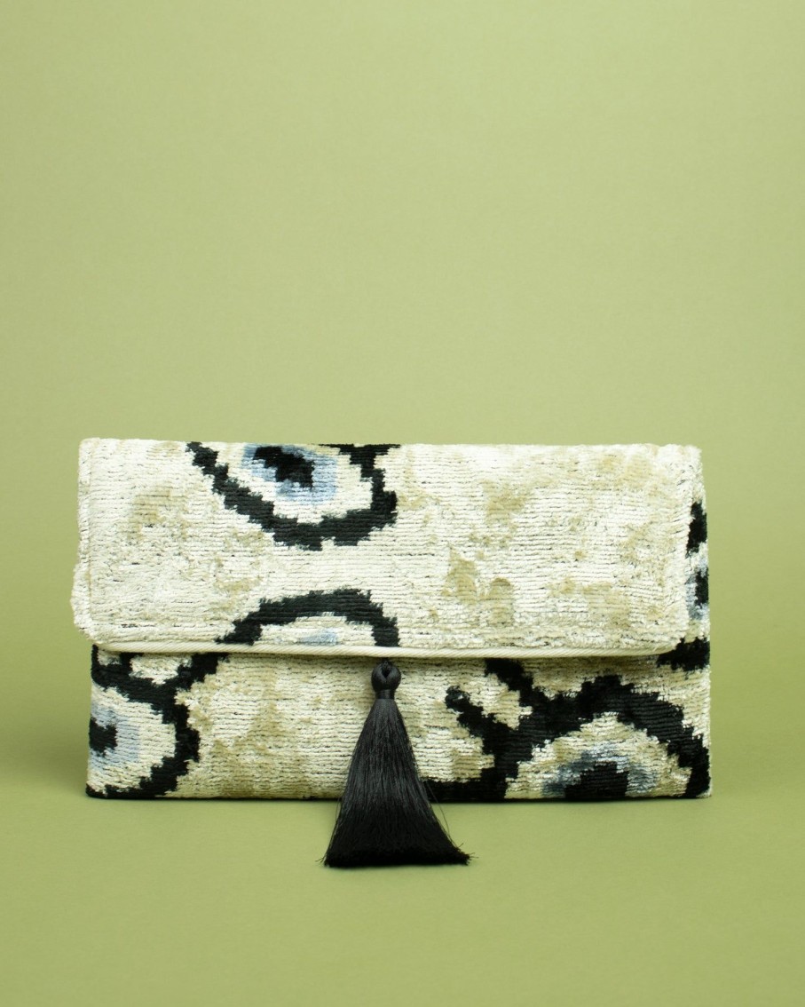 Women AYCA DESIGN Clutches | Beige Evil Eye Print Silk Velvet Ikat Clutch