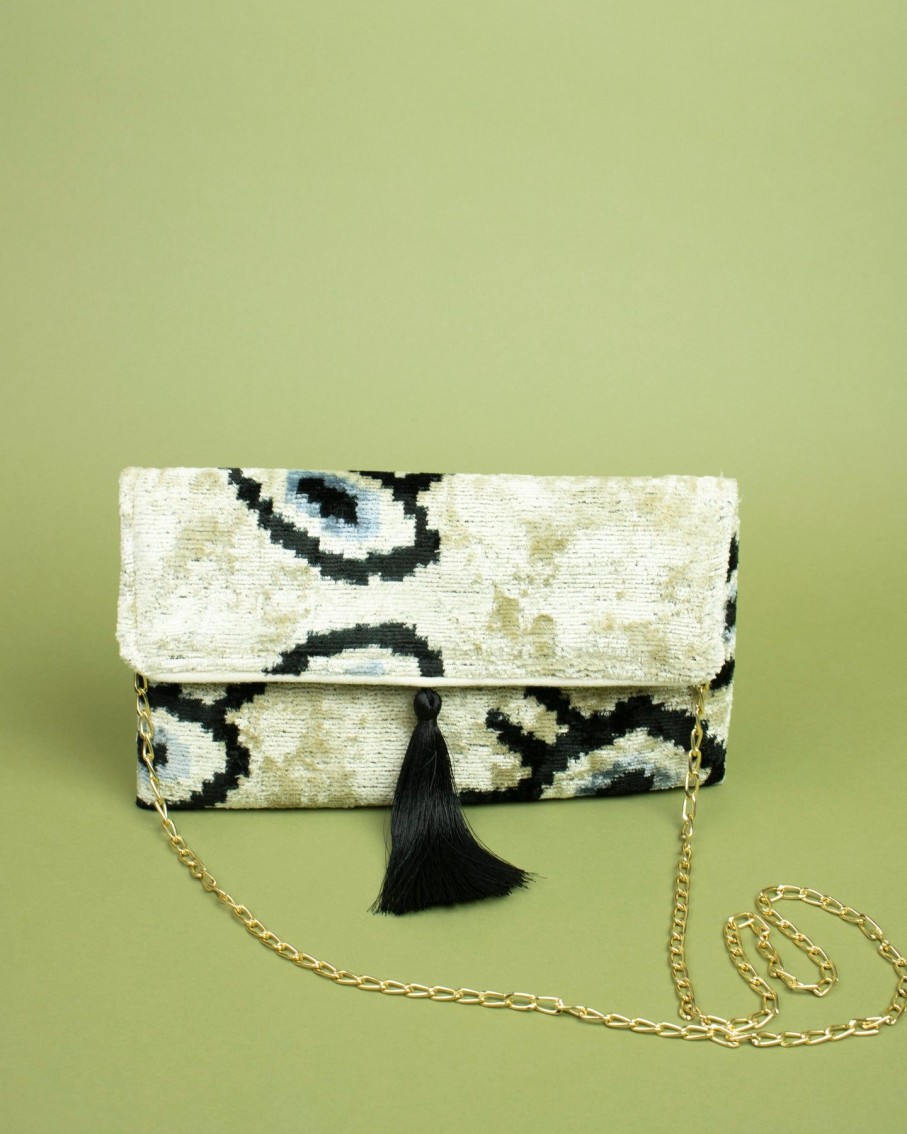 Women AYCA DESIGN Clutches | Beige Evil Eye Print Silk Velvet Ikat Clutch