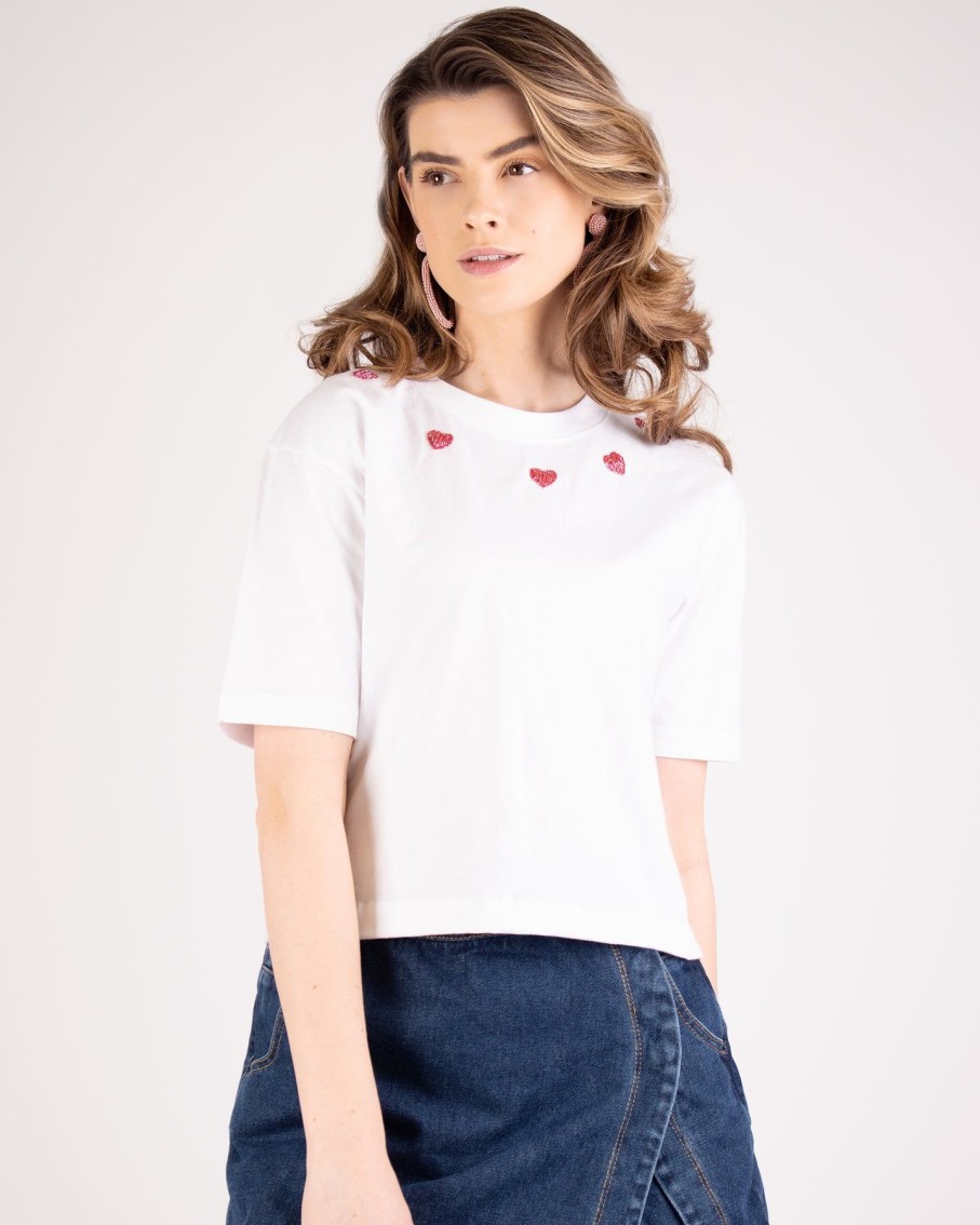 Women Arara for BLAIZ Tops & T-Shirts | I Heart You Beaded Cropped White T-Shirt