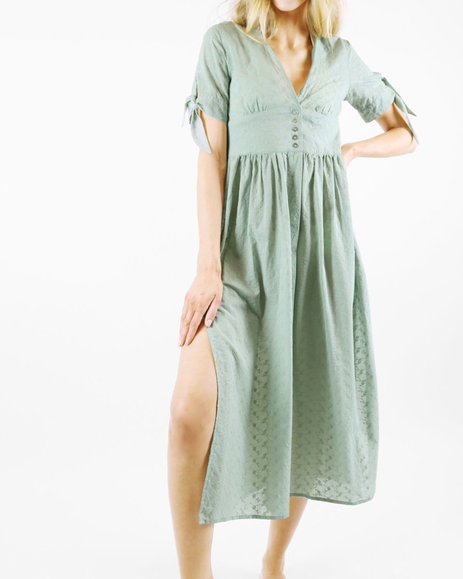 Women Palmacea Dresses | Green Tea Eyelet Buttoned Cover-Up Midi Dress