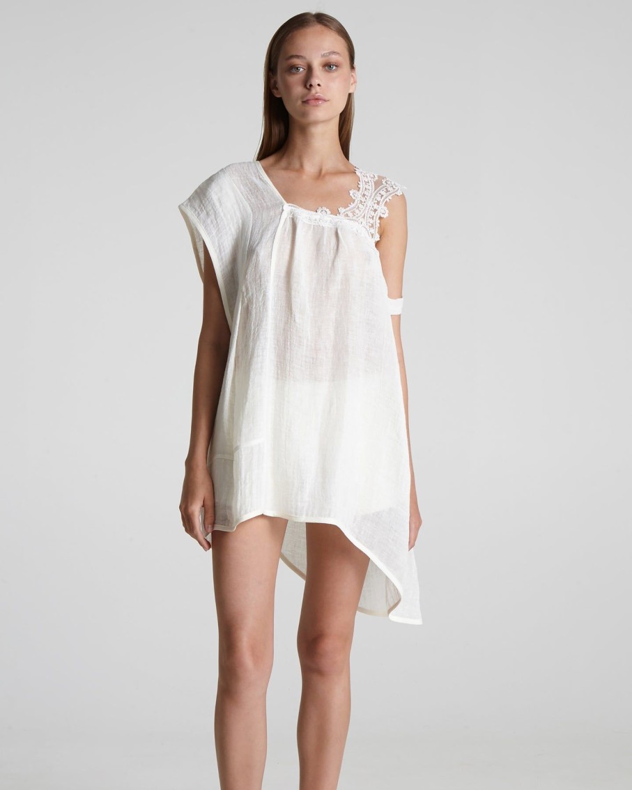 Women Maurizio Mykonos Tops & T-Shirts | White Wide Lace Strap Asymmetric Linen Top