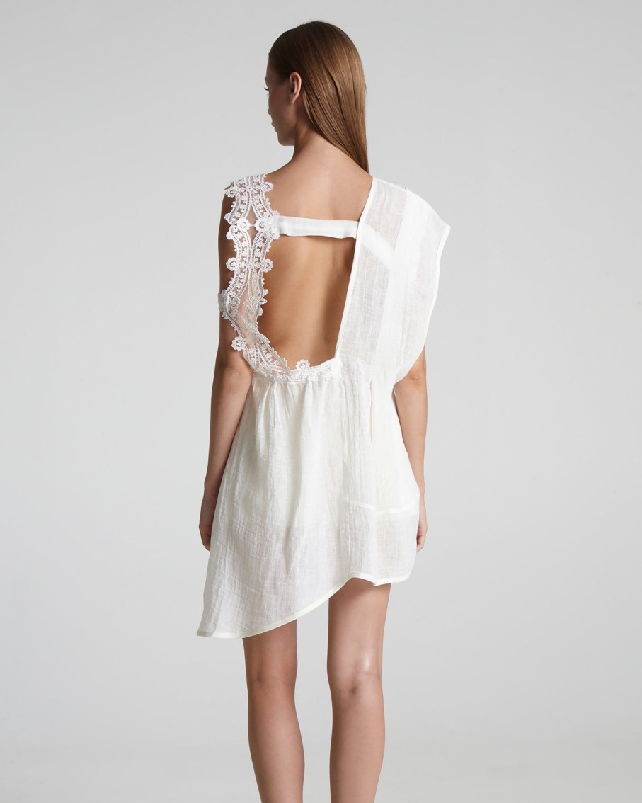 Women Maurizio Mykonos Tops & T-Shirts | White Wide Lace Strap Asymmetric Linen Top