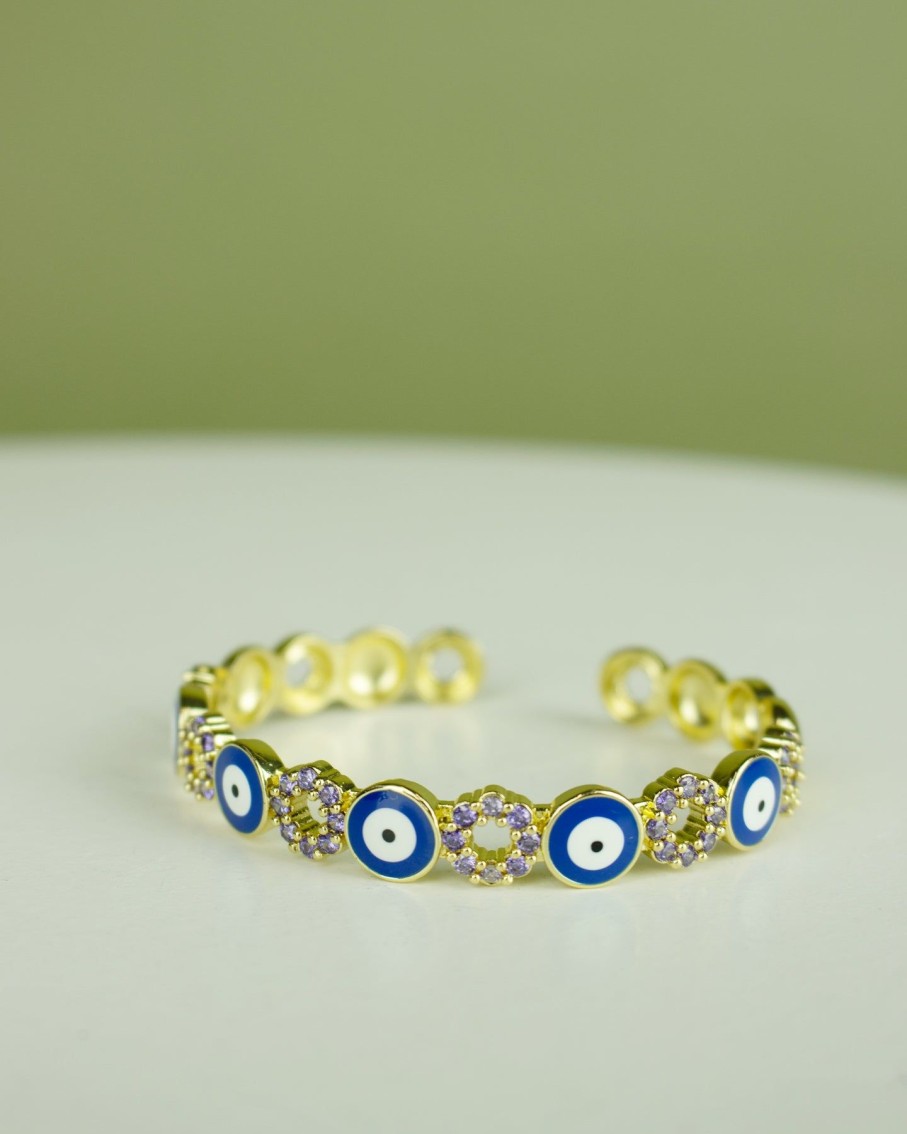 Women 227 Bracelets | Navy Blue Round Evil Eye Lilac Gem Gold Cuff Bracelet