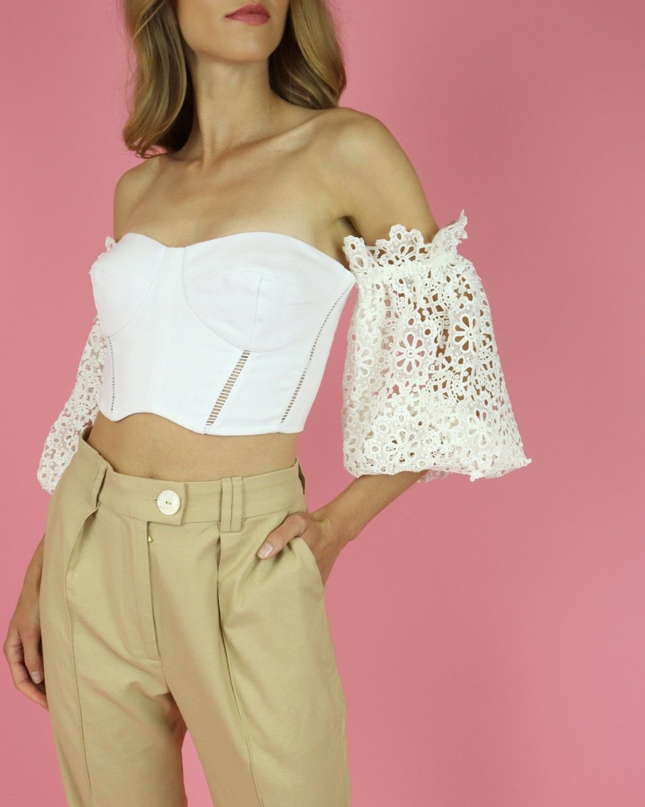 Women Skazi Tops & T-Shirts | White Lace Sleeve Top