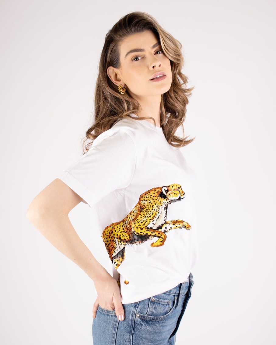 Women Arara for BLAIZ Tops & T-Shirts | Pouncing Cheetah Printed And Beaded White T-Shirt