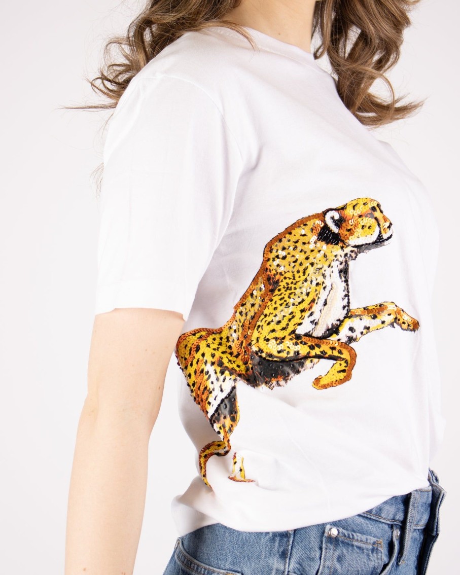 Women Arara for BLAIZ Tops & T-Shirts | Pouncing Cheetah Printed And Beaded White T-Shirt