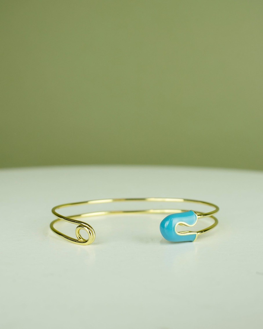 Women 227 Bracelets | Turquoise Blue Safety Pin Gold Cuff