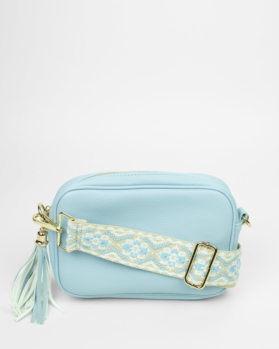 Women BLAIZ Clutches | Light Blue Leather Cross-Body Bag With Aztec Print Strap