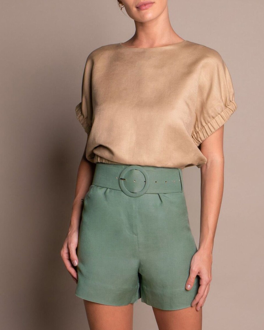 Women Ostra Brasil Shorts | Forest Green Linen Belted Shorts