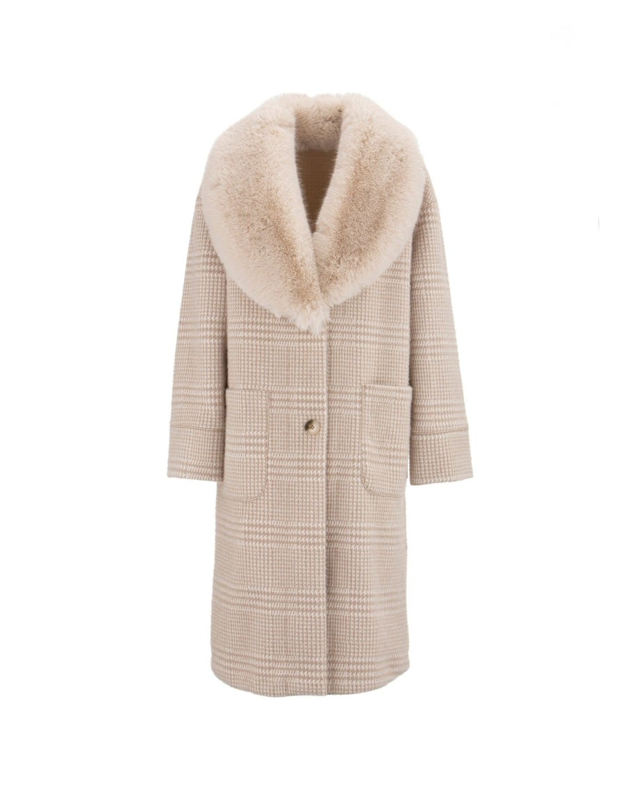 Women Arara for BLAIZ Coats & Jackets | Cream Checked Faux Fur Collar Reversible Coat