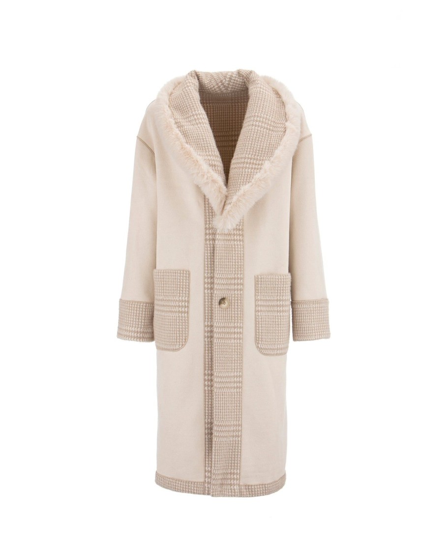 Women Arara for BLAIZ Coats & Jackets | Cream Checked Faux Fur Collar Reversible Coat